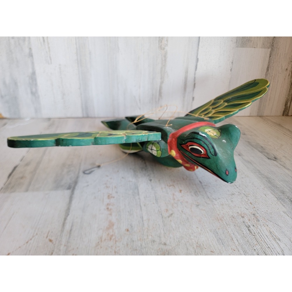 Vintage wooden flying frog folk art unique hanging home decor green